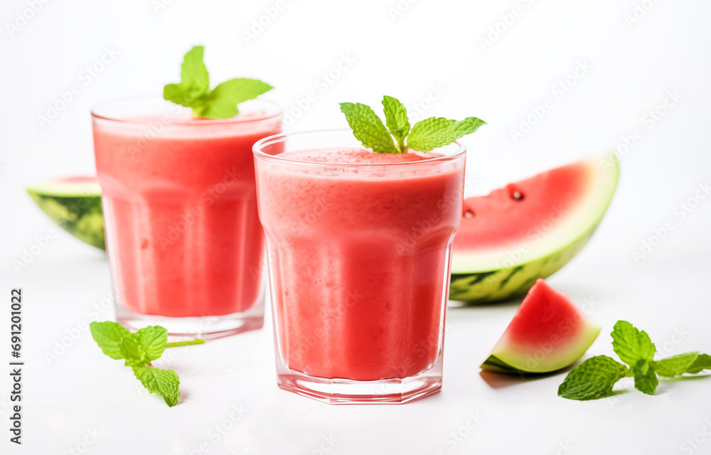 Watermelon smoothie with mint leaves isolated on a white background. fresh watermelon juice or smoothie in glasses with watermelon pieces Watermelon smoothie with mint leaves isolated on a white background. fresh watermelon juice or smoothie in glasses with watermelon pieces