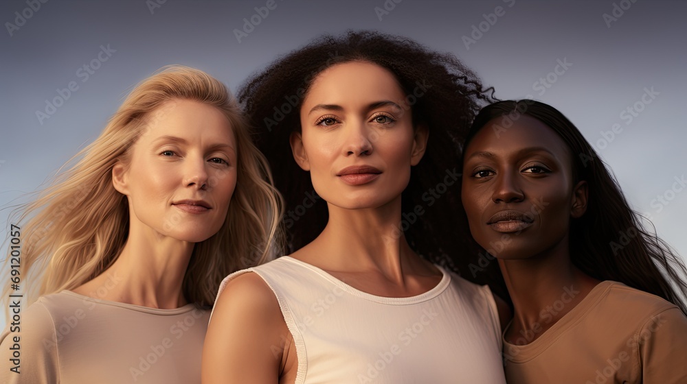 Three multi-ethnic Women in a photo shoot for a Woman's Day Ad in a horizontal format in a Women-themed, photorealistic illustration in JPG. Generative ai Three multi-ethnic Women in a photo shoot for a Woman's Day Ad in a horizontal format in a Women-themed, photorealistic illustration in JPG. Generative ai