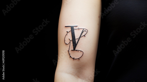 Simple black letter tattoo on the back with the letters MV combined. photo