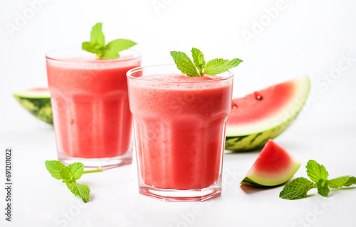 Watermelon smoothie with mint leaves isolated on a white background. fresh watermelon juice or smoothie in glasses with watermelon pieces