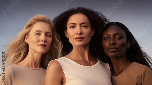 Three multi-ethnic Women in a photo shoot for a Woman's Day Ad in a horizontal format in a Women-themed, photorealistic illustration in JPG. Generative ai