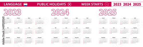 2023, 2024, 2025 year vector calendar in Dutch language, week starts on Sunday.