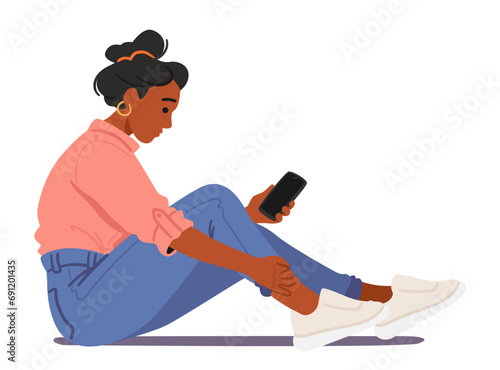 Woman Slouches, Engrossed In her Smartphone. Female Character Perform Improper Pose. Girl Sitting on Floor