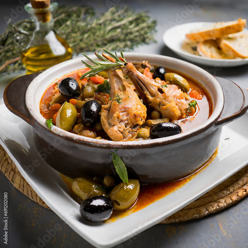 A delicious traditional Maltese fenkata, a rabbit stew made with garlic, red wine and olives.