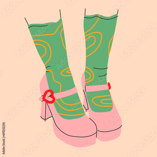 Icon of bright strapped high heel shoes with heart shape clasp and funny socks.Print for cards,shoe store