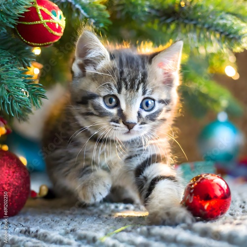 kitten playing with balls on the Christmas tree