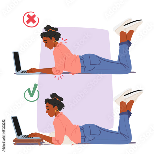 Bad and Good Body Poses while Working with Laptop. In The Wrong Posture, Woman Slouches, Straining The Back