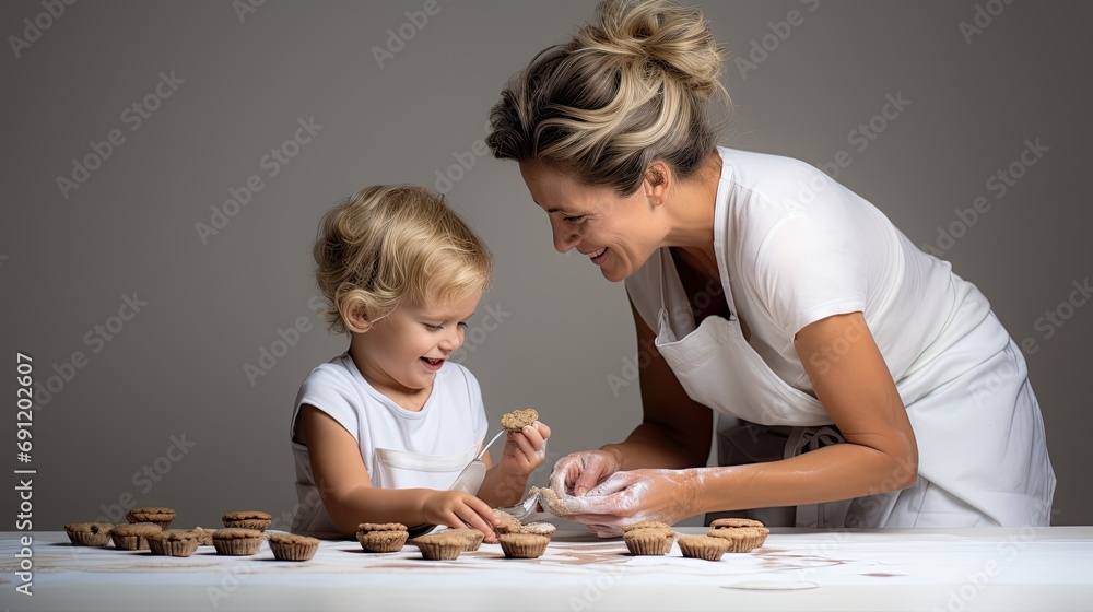 Naklejka premium making cookies with Mommy, a young child with Mother in a Baking-themed, horizontal format of photorealistic illustration in JPG. Generative ai