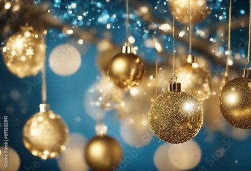 Christmas Tree With Golden Baubles And Shiny Lights In Blue Background
