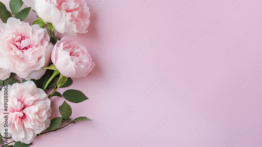 Pink peonies with a pink background with space for copy/type in a Mother's Day/ad-themed, horizontal format of photorealistic illustration in JPG. Generative ai Pink peonies with a pink background with space for copy/type in a Mother's Day/ad-themed, horizontal format of photorealistic illustration in JPG. Generative ai