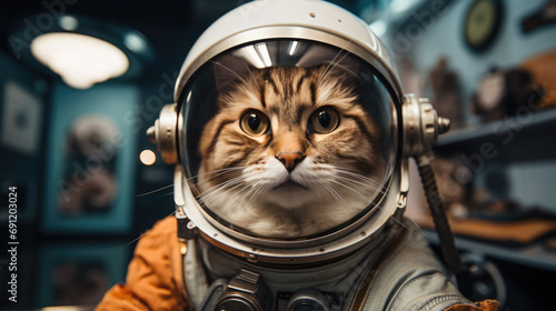 cute fluffy domestic cat in a space suit and astronaut helmet in the room, pet, feline, kitten, wool, pilot, masquerade, character, fun, game, mammal, breed, robot, science, eyes, cosmonautics day photo