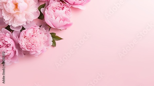 Pink peonies with a pink background with space for copy/type in a Mother's Day/ad-themed, horizontal format of photorealistic illustration in JPG. Generative ai © Purple Penguin GFX