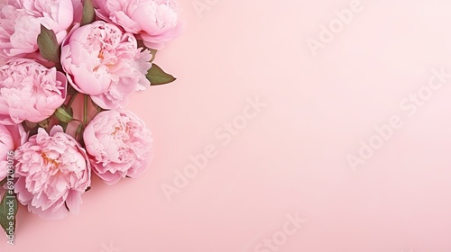Pink peonies with a pink background with space for copy/type in a Mother's Day/ad-themed, horizontal format of photorealistic illustration in JPG. Generative ai