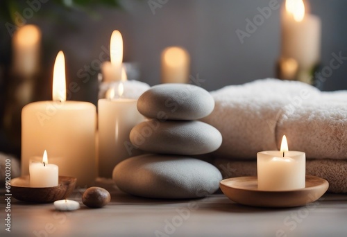 Spa Concept - Massage Stones With Towels And Candles In Natural Background