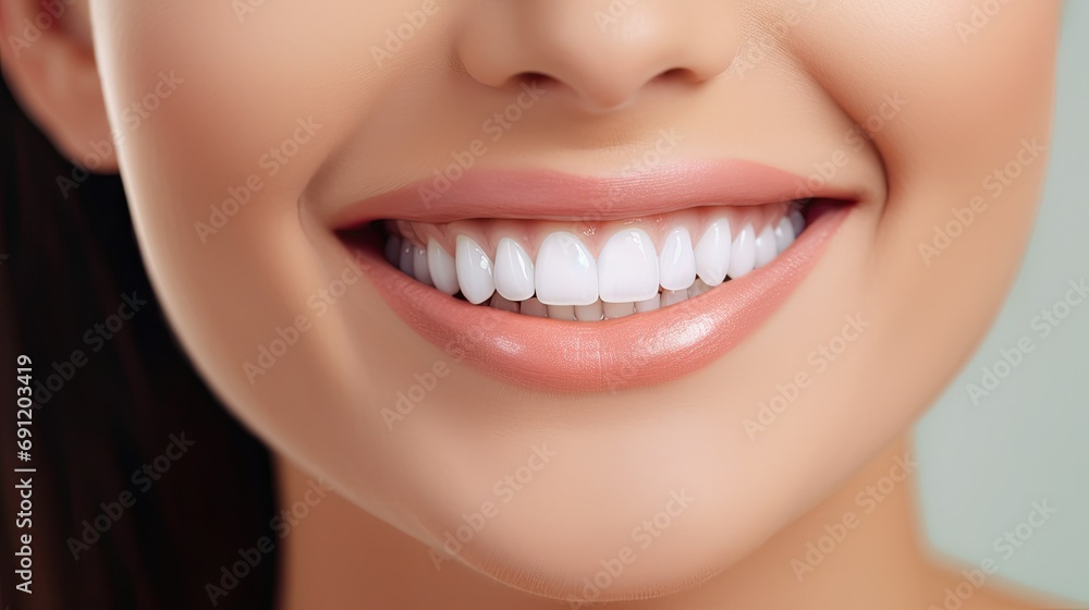 Obraz premium healthy white teeth, a smile of a young woman, in a Teeth whitening, Dental clinic patient, Dentistry-themed, horizontal format of photorealistic illustration in JPG. Generative ai