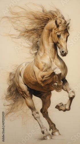a horse in motion drawn in an old master's style, sepia tones, in a Vertical format in JPG, photorealistic Illustration. Generative ai