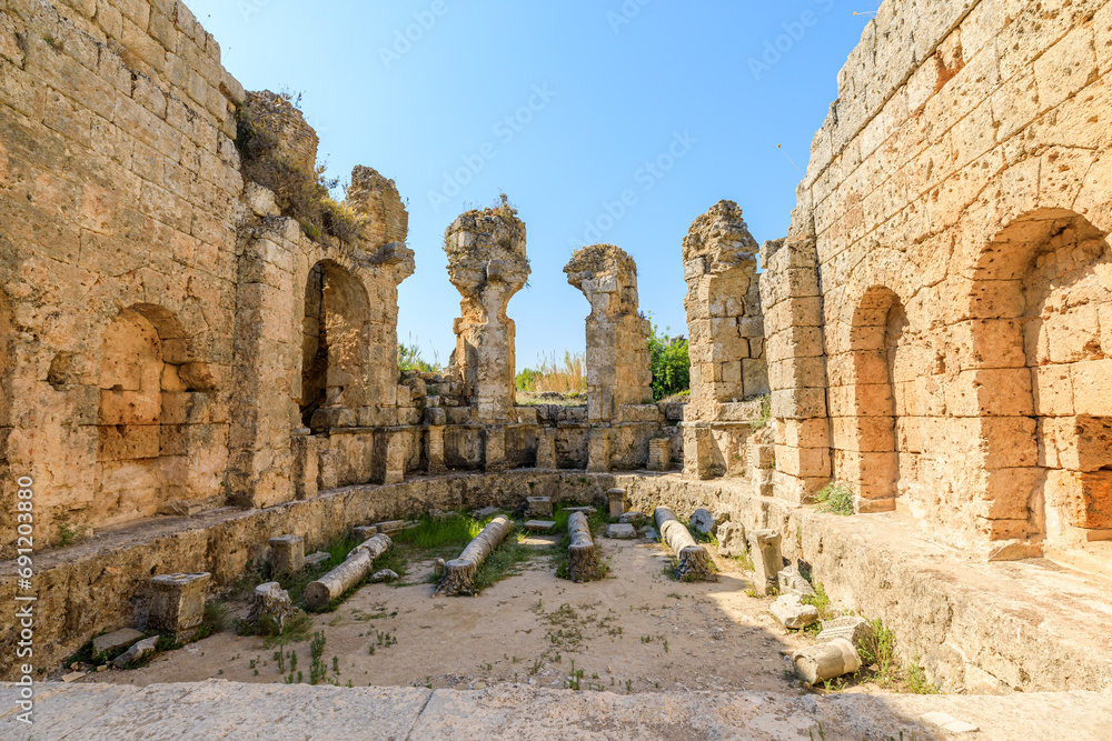 The ancient ruins with palaestra and roman baths of Perge in Turkey offer captivating glimpse into the past, revealing remnants of a once-great Hellenistic and Roman city.