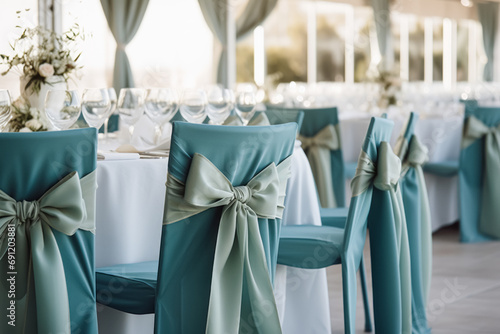 Elegantly decorated wedding reception chairs with sea green sashes and table settings in a bright venue. photo