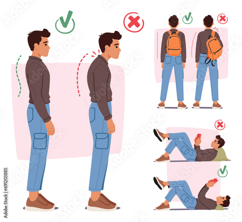 Infographics with Man Showing Proper and Improper Body Postures for Standing, Reading and Carrying Backpack