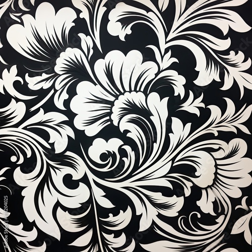 a Black and white abstract floral pattern, stencil/woodcut in a Graphic design-themed, horizontal format of photorealistic illustration in JPG. Generative ai