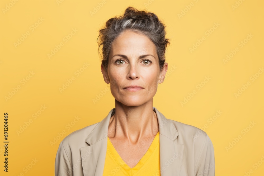 Portrait of beautiful middle aged woman looking at camera on yellow background Portrait of beautiful middle aged woman looking at camera on yellow background