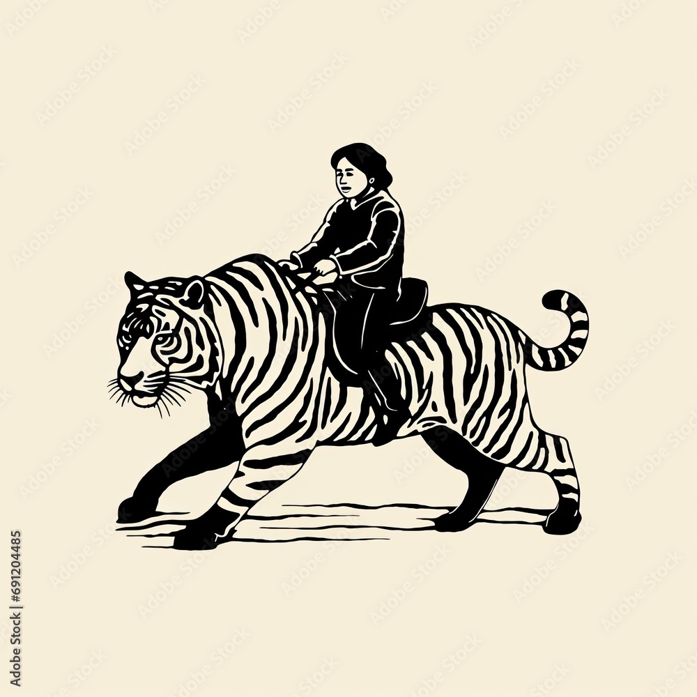 a girl/woman riding a tiger in a simple linocut/graphic print, JPG illustration. Generative ai a girl/woman riding a tiger in a simple linocut/graphic print, JPG illustration. Generative ai