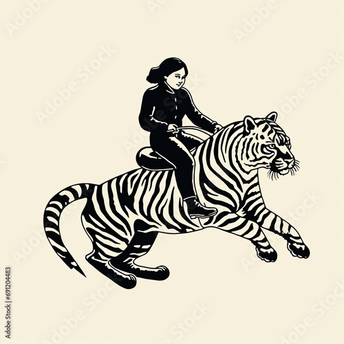 a girl woman riding a tiger in a simple linocut graphic print  JPG illustration. Generative ai