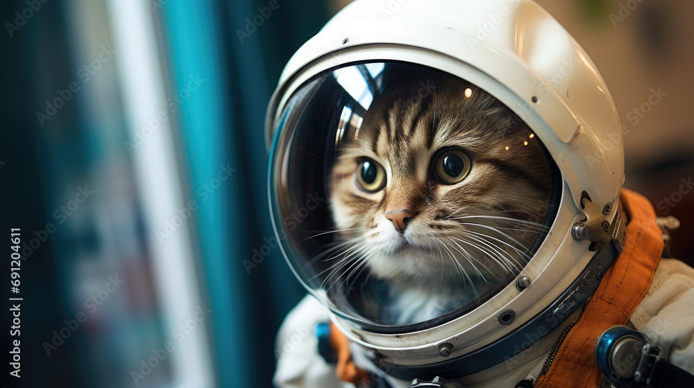 cute fluffy domestic cat in a space suit and astronaut helmet in the room, pet, feline, kitten, wool, pilot, masquerade, character, fun, game, mammal, breed, robot, science, eyes, cosmonautics day