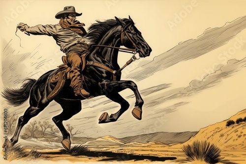 a horizontal layout  of a Cowboy  on a galloping horse in an old west-style composition in a Western-themed JPG format  cartoon Illustration. Generative ai