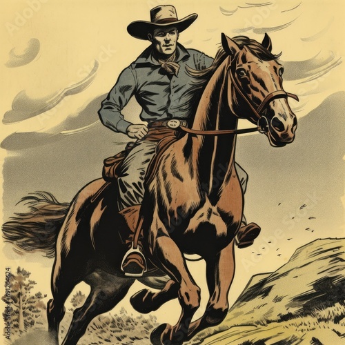 a horizontal layout, of a Cowboy, on a galloping horse in an old west-style composition in a Western-themed JPG format, cartoon Illustration. Generative ai