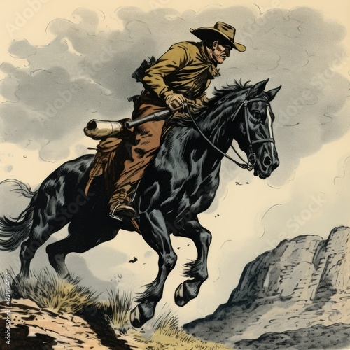 a horizontal layout, of a Cowboy, on a galloping horse in an old west-style composition in a Western-themed JPG format, cartoon Illustration. Generative ai photo