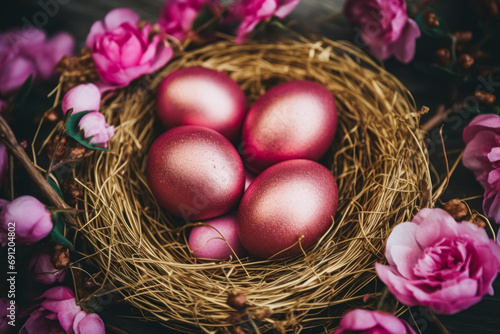 Satin pink Easter eggs cradled in a golden straw nest surrounded by blooming pink flowers, conveying warmth and joy.
