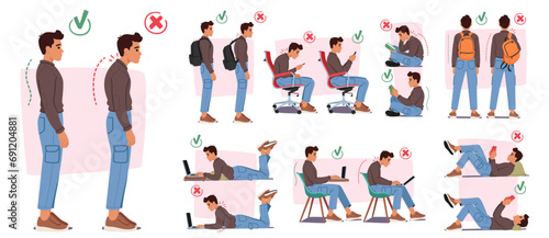 Man with Wrong Body Postures Include Slouching And Hunching, Leading To Discomfort. Proper Postures With Straight Spine