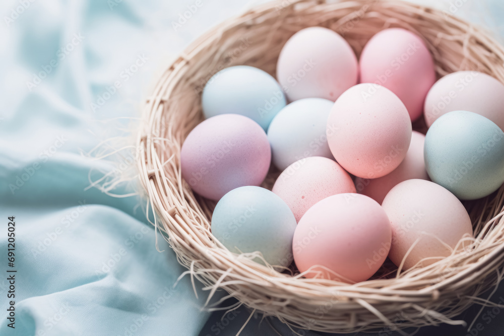 A serene arrangement of pastel-colored Easter eggs, gently resting in a rustic nest on a soft blue fabric background, evoking a tranquil spring vibe. A serene arrangement of pastel-colored Easter eggs, gently resting in a rustic nest on a soft blue fabric background, evoking a tranquil spring vibe.