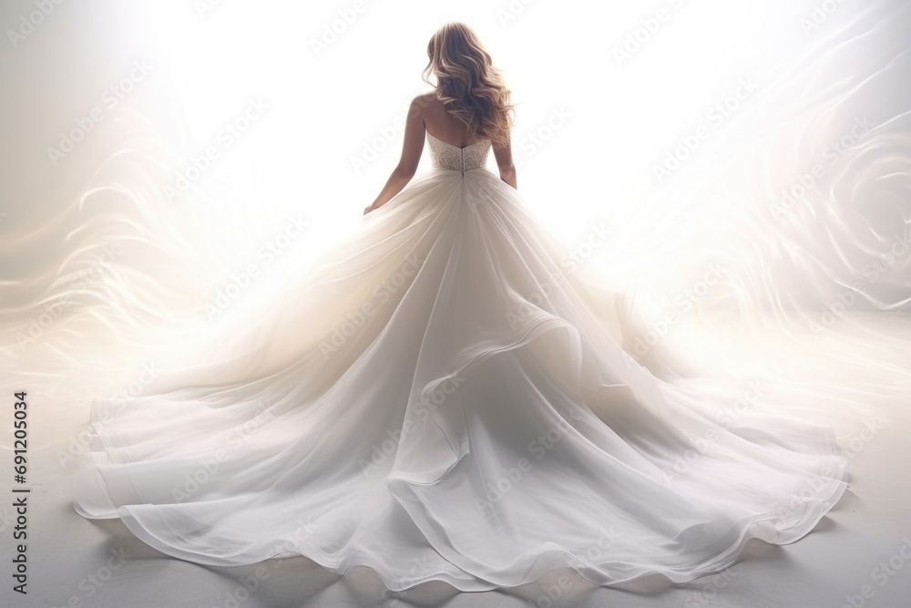 Bride with her back in flowing white wedding dress with long train in ...