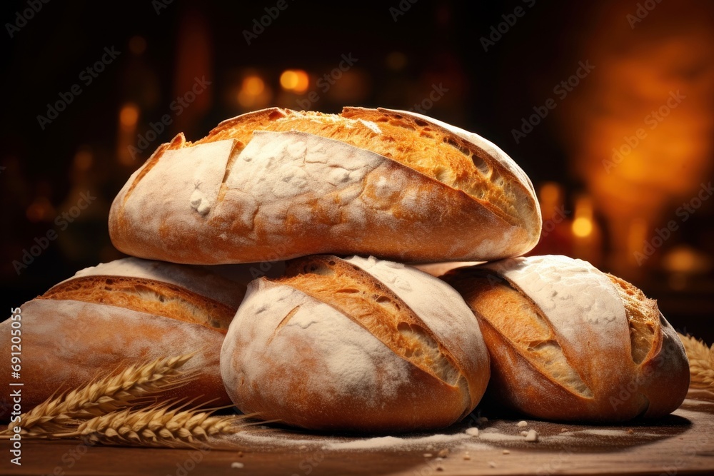 Freshly baked bread loaves on a table, set against blurred backdrop of store or bakery. Ideal for food blog, advertising, bakehouse, cafe, supermarket