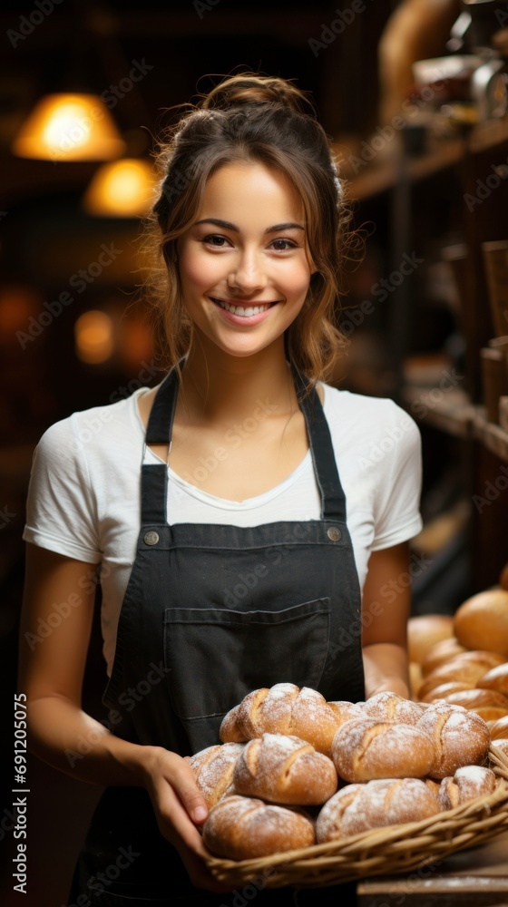 A bakery worker in an apron and white shirt holding a basket of bread. The bakery interior is rustic with wooden shelves. Young woman smiles. Vertical format