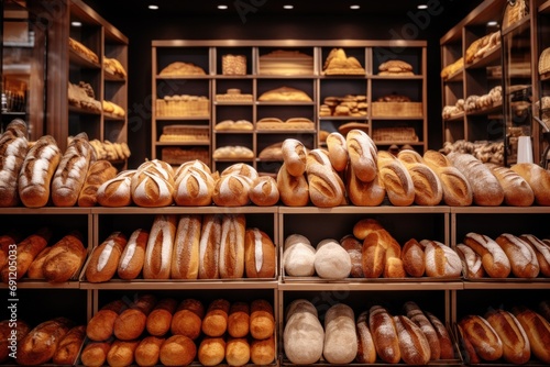 A variety of freshly baked bread on display in a bakery or in a supermarket. This image can be used for food and baking related content. Ideal for food blog, advertising, bakehouse, cafe, store. photo