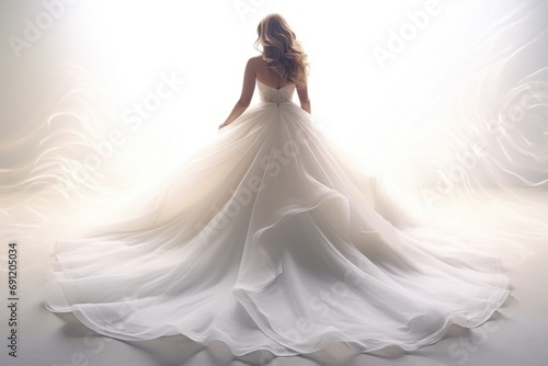 Bride with her back in flowing white wedding dress with long train in dreamy white background. Copy space. For wedding or fashion-related content., booklet and advertising of wedding salon dresses.