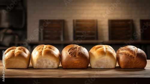 Freshly baked white wheat bread loaves neatly arranged on table, set against blurred backdrop of a store or a bakery. With copy space. Ideal for food blog, advertising, bakehouse, cafe, supermarket