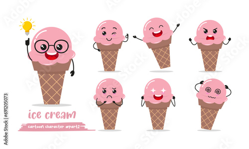 cute strawberry ice cream cartoon with many expressions. gelato character different activity pose vector illustration flat design set.	