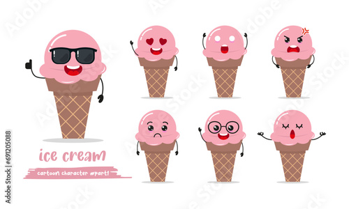 cute ice cream cartoon with many expressions. gelato character different activity pose vector illustration flat design set with sunglasses.	