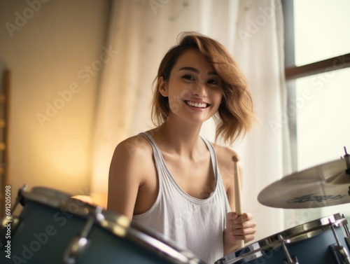 Beautiful teenage girl is practicing playing the drum set in the bedroom. This image can be used for music or hobby related content.