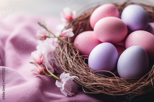 Pastel pink and purple Easter eggs delicately spotted with a rustic nest on a silky pink fabric, complemented by blooming white flowers.