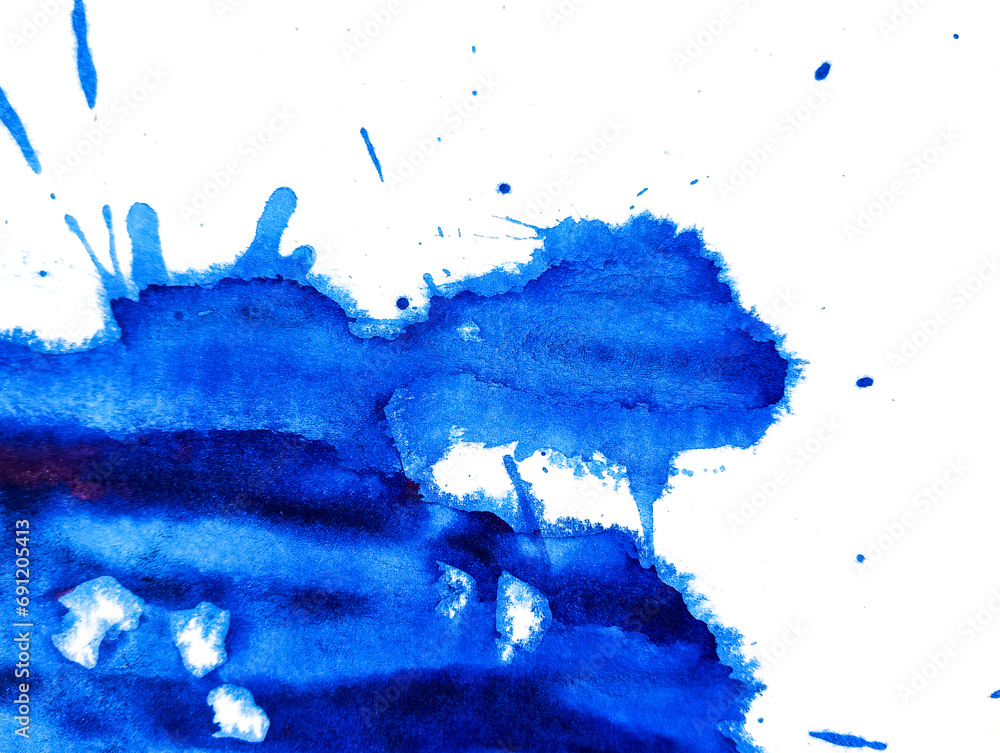 Blue paint splatter background texture. Abstract blue paint grunge background. Paint stains texture with copy space. Hand painted abstract artwork. Modern painting. Splash watercolor on white paper.