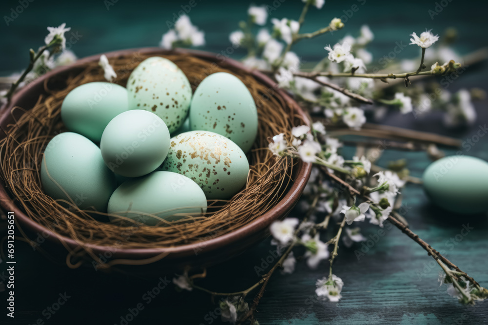 A terracotta bowl with speckled blue eggs nestled in straw, complemented by blossoming white branches on a dark wooden surface. A terracotta bowl with speckled blue eggs nestled in straw, complemented by blossoming white branches on a dark wooden surface.