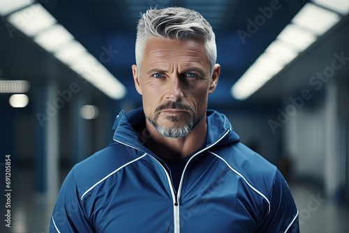 hombre de más de cincuenta años dueño y entrenador de un gimnasio vistiendo ropa deportiva azul, sobre fondo desenfocado de un gimnasio vacío photo