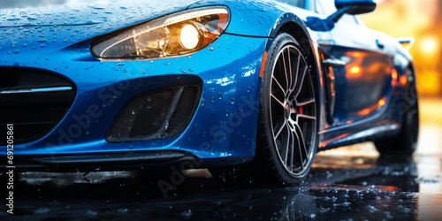 Dynamic Blue Sports Car Speeding on Wet Road, Water Droplets on Hood, High-Performance Vehicle in Motion, Concept of Power and Elegance © Bartek