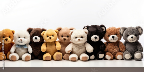 Lineup of Various Cute Stuffed Animal Toys Sitting Against a White Background, Perfect for Children's Toy Collection © Bartek