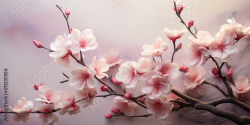Soft pink cherry blossoms branching out gracefully against a hazy pastel background, evoking a dreamy and delicate spring atmosphere